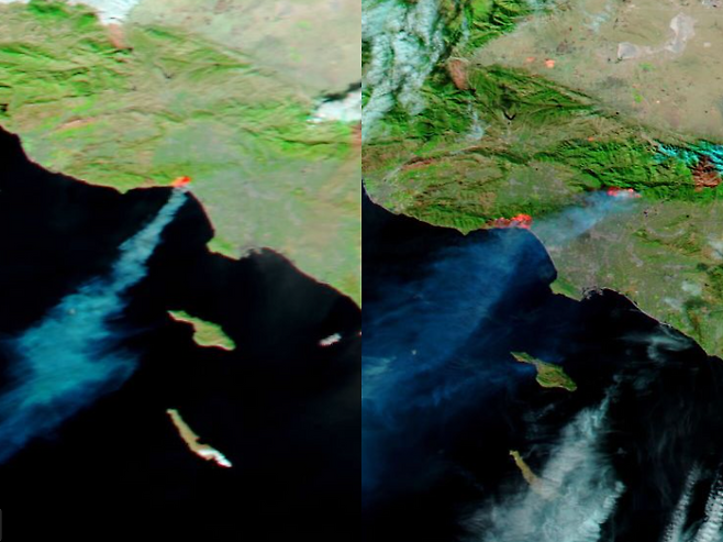 7일(왼쪽) 발생한 LA 화재가 8일 더 많은 지역으로 확산된 모습. 사진=미 항공우주국(NASA)