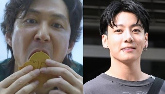 '오징어게임' 속 달고나를 먹고 있는 배우 이정재(왼쪽), 그룹 방탄소년단 막내 정국 / 넷플릭스 '오징어게임' 및 마이데일리