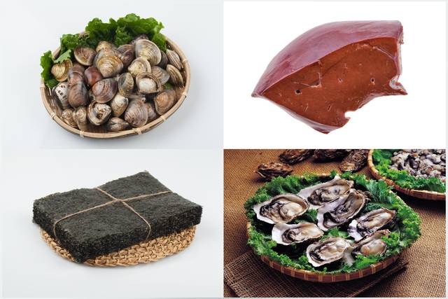 비타민B12가 많은 대표적인 음식들. (윗줄 왼쪽부터 시계방향으로) 바지락, 소의 간, 굴, 김. 이미지투데이
