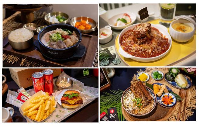 사내식당 차별화 프로젝트 ‘아워홈 플렉스 테이블’. 왼쪽부터 ‘순대실록’, ‘닥터로빈’, ‘쉑쉑버거’, ‘콘타이’ 아워홈