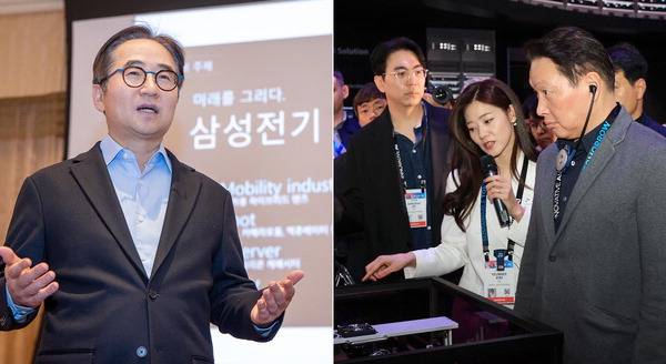 삼성전기 장덕현 대표이사 사장은 지난 8일(현지 시간) 미국 라스베이거스에서 열린 CES 2025에서 미디어 간담회를 진행하고 있다. 오른쪽 사진은 최태원 SK그룹 회장이 CES 2025에 마련된 자사 전시관을 방문한 모습.  삼성전기 제공 연합뉴스