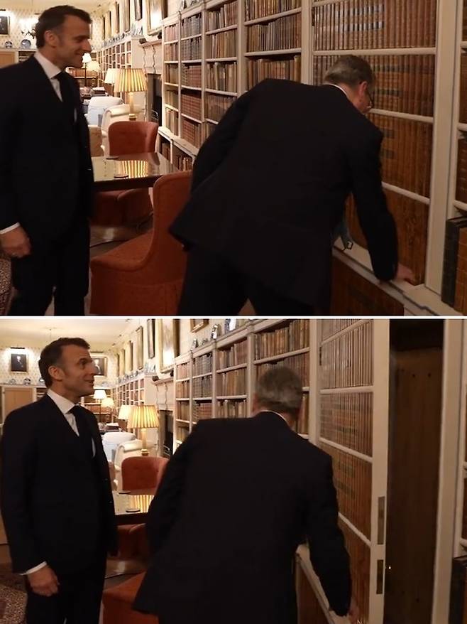 9일(현지시간) 영국 총리 별장&nbsp;체커스를 방문한&nbsp;에마뉘엘 마크롱 프랑스 대통령(왼쪽)이 키어 스타머 영국 총리의 안내로 제2차 세계대전 당시 윈스턴 처칠 전 총리가 애용했던&nbsp;서재를 둘러보고 있다.&nbsp;(위 사진) 아래는 스타머 총리가 책과 서가인 것처럼&nbsp;위장된 비밀 통로의 문을 열자 마크롱 대통령이 깜짝 놀라는 장면. 스타머 총리 SNS 캡처