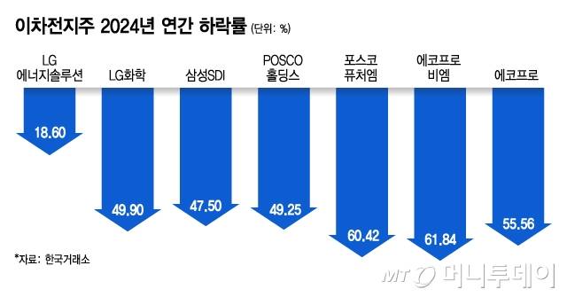 이차전지주 2024년 연간 하락률/그래픽=김지영 기자
