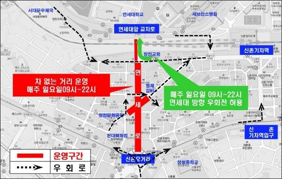 서울 서대문구 신촌 연세로 일요일 ‘차 없는 거리’ 시행에 따른 안내문. 서대문구 제공
