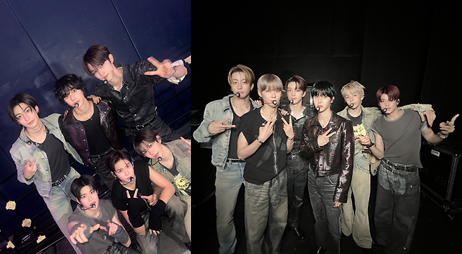 ‘붐 붐 베이스’ 쇼케이스(왼쪽)와 ‘SM타운 라이브 2025’ 콘서트 후 기념사진을 찍은 그룹 라이즈의 모습. 라이즈 공식 SNS