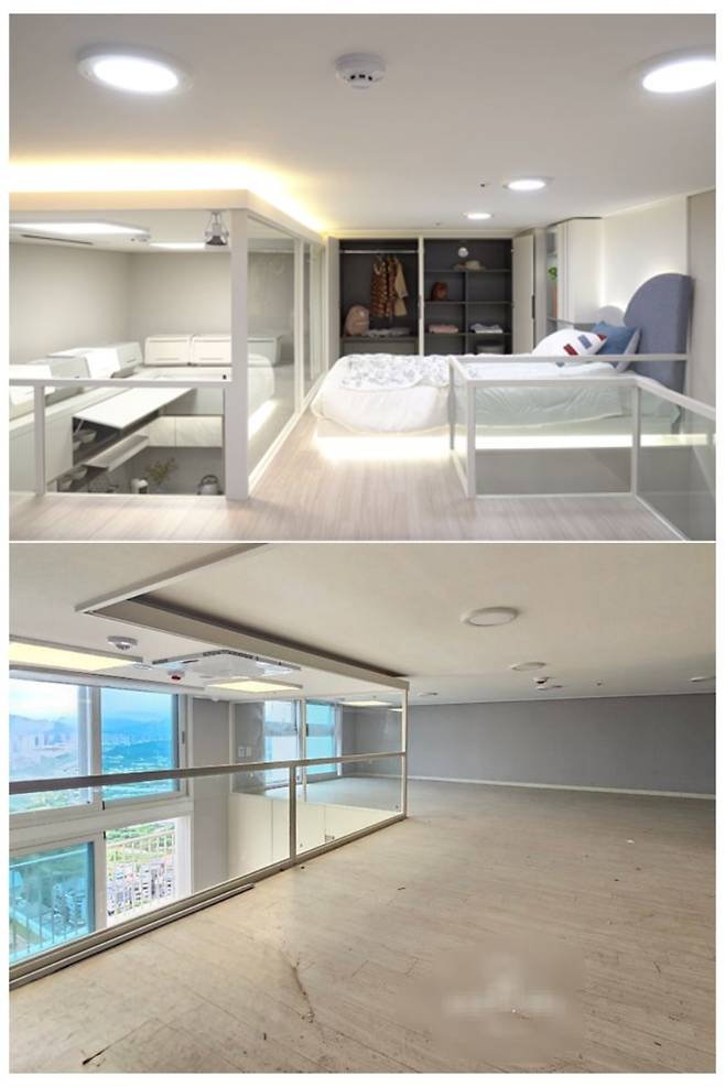 지난해 고양 창릉신도시에 들어선 A오피스텔의 모델하우스 '복층 공간'(위)과 준공 후 실제 공간(아래)의 모습. 분양 홍보 당시 모델하우스에서는 1.5m 이상의 층고로 복층이 지어졌지만, 준공 후에는 1.1~1.2m의 다락에 불과했다. 독자 제공