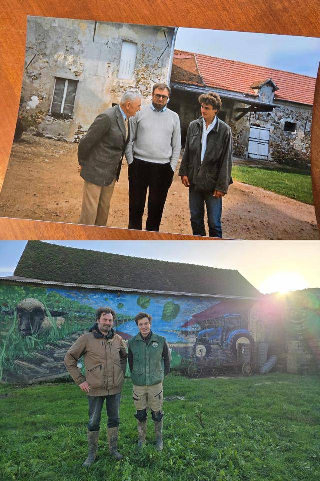 프랑스에서 3대에 걸쳐 센에마른주 크레시라샤펠 코뮌에 위치한 밭에서 밀 등을 재배하고 있는 장 필리페가 자신의 할아버지(위 사진 왼쪽), 아버지(가운데)와 함께 서 있다. 아래 사진은 필리페가 아들(오른쪽)과 함께 지난달 23일 한국일보 인터뷰에 응하고 있는 모습이다. 아들이 농사일을 이어받을 예정이라는 필리페는 기후위기가 작황에 미칠 악영향을 우려하고 있다. 센에마른(프랑스)=신은별 특파원