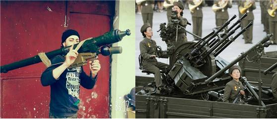 민간정보단체 벨링캣은 2015년 시리아 라타키아에서 촬영된 휴대용 방공 미사일(왼쪽 사진)이 북한 열병식에 등장한 휴대용 방공 미사일과 일치한다고 2016년 3월에 폭로했다. 사진제공=벨링캣