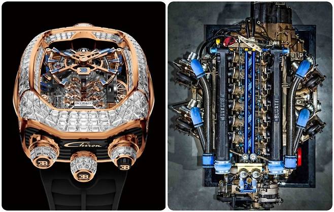 부가티 시론의 W12 엔진 무브먼트가 들어간 제이콥 앤 코 스페셜 에디션(왼쪽), 부가티 시론에 들어가는 W12 엔진 사진=각사