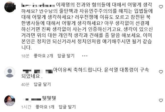 최근 윤석열 대통령 탄핵집회에 '선결제' 후원한 가수 아이유가 윤석열 대통령 체포를 전후해 대통령 지지자들의 '댓글 테러'에 노출된 것으로 확인됐다. 사진은 댓글 내용. [사진=인스타그램]