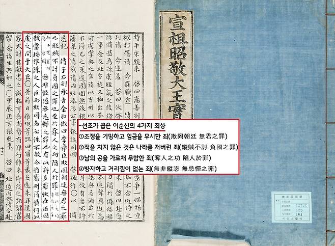 선조가 밝힌 ‘이순신 죄상’은 4가지이다. ‘조정을 기망하고 임금을 무시한 죄, 적을 치지 않은 것은 나라를 저버린 죄, 남의 공을 가로채 모함한 죄, 방자하고 거리낌이 없는 죄’ 등이다.