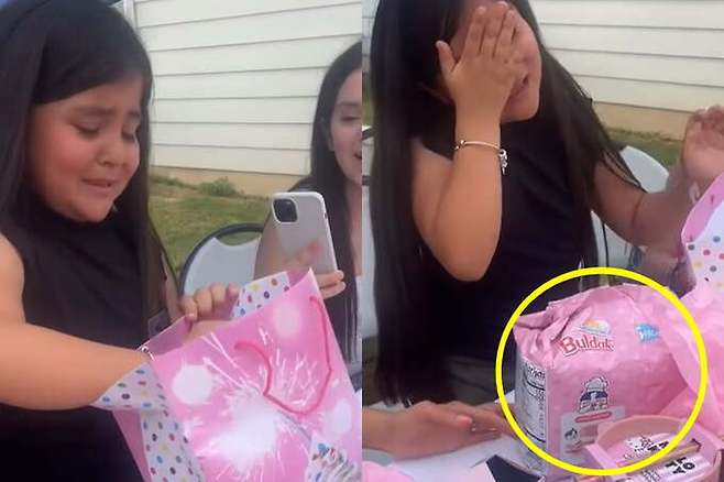 생일 선물로 삼양&nbsp;까르보불닭을 선물받고 감격해 우는 미국 어린이. 사회관계망서비스(SNS) 캡처