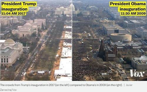 트럼프 1기 취임식 때와 오바미 1기 취임식 때의 인파 비교 사진 [복스 홈페이지 캡처. 재판매 및 DB 금지]
