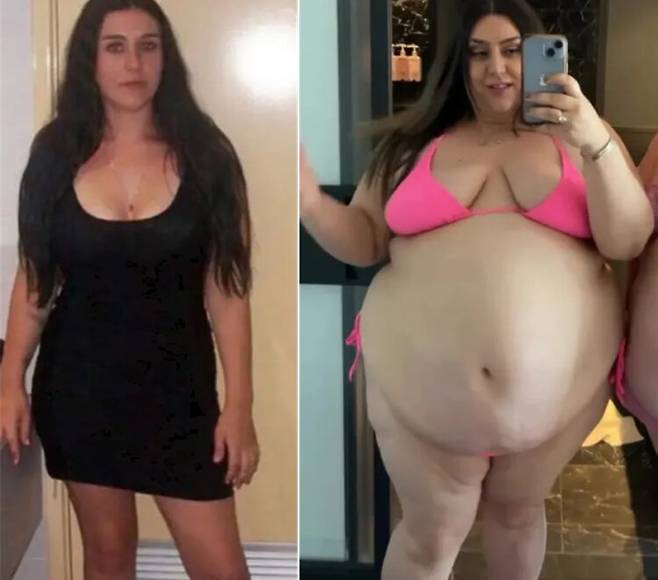 다이어트하며 살을 빼는 일반적인 상황과 반대로 살을 과하게 찌우는 것을 즐기는 호주 여성 사연이 공개됐다. 과거 늘씬한 몸매(왼쪽)였던 이 여성은 미국 여행 후 먹는 즐거움을 깨닫고 체중을 늘리기 시작했다. [사진=영국 매체 더 선 보도 갈무리]