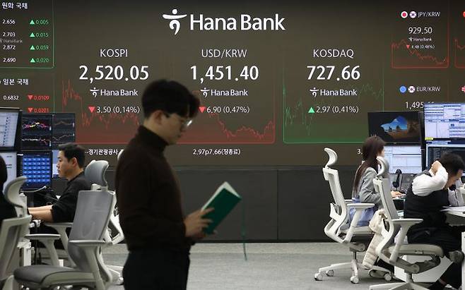 20일 오후 서울 중구 하나은행 딜링룸에서 딜러들이 업무를 보고 있다.ⓒ연합뉴스