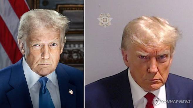 도널드 트럼프 미국 대통령 당선인이 지난 2023년 조지아주에서 기소됐을 당시 찍은 머그샷(오른쪽)과 유사한 모습을 한 '대통령 공식 사진'을 16일(현지시간) 공개했다./사진=연합뉴스