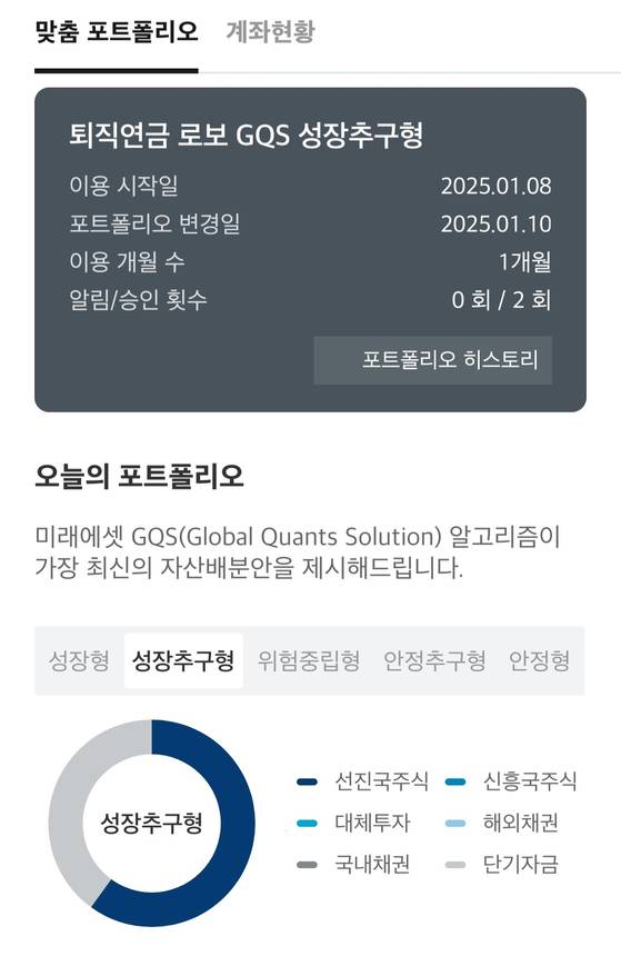미래에셋증권 앱 'MSTOCK'에서 가입 가능한 로보어드바이저는 개인의 투자 성향에 맞게 포트폴리오를 추천한다. MSTOCK 화면 캡처