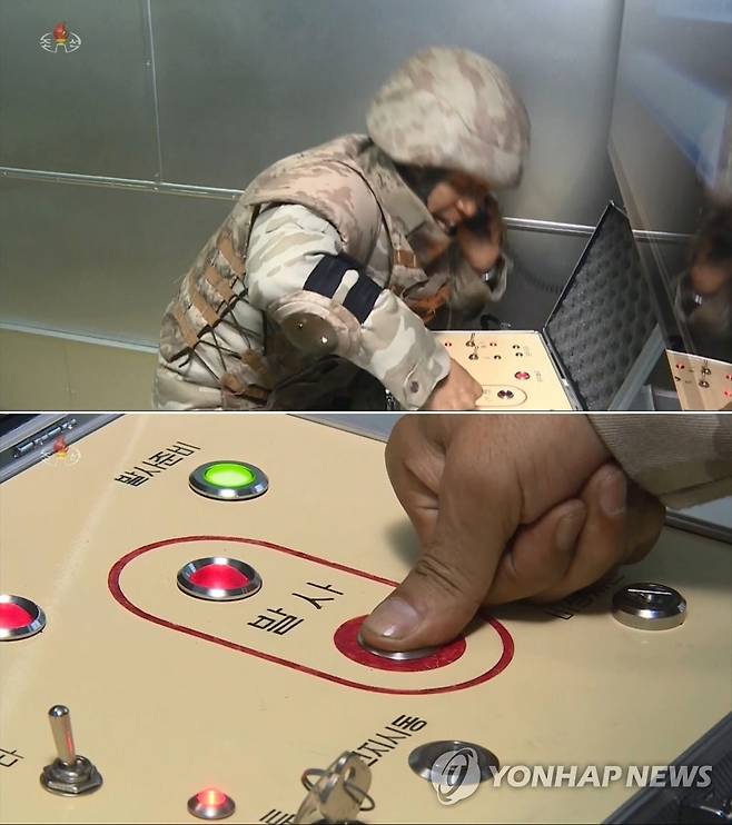 화성-17형 ICBM 발사 버튼 누르는 북한군 북한이 2022년 11월8일 신형 ICBM 화성-17형을 시험 발사했다고 밝혔다. 사진은 인민군 병사가 미사일 발사 버튼을 누르는 모습. 
[조선중앙TV 화면]