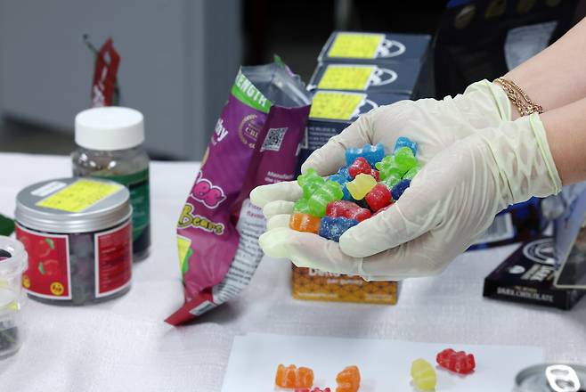 식품의약품안전처 수입식품안전정책국 수입유통안전과 조윤희, 정경선 주무관이 작년 8월 서울 양천구 서울지방식약청에서 대마 등 마약성분 함유 의심 해외직구식품 기획검사 결과 브리핑에 앞서 국내 반입차단 성분이 확인된 제품에 대해 설명하고 있다./뉴스1