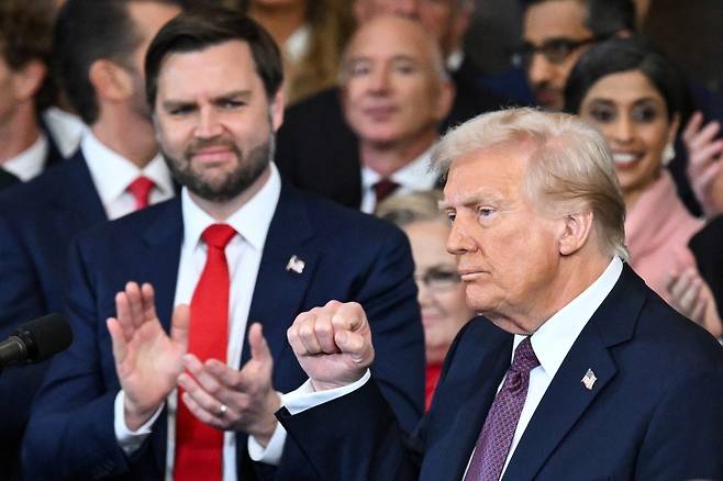 도널드 트럼프 미국 47대 대통령이 20일(현지시간) 미국 의회의사당 로툰다홀에서 취임 연설을 하고 있다. /로이터연합뉴스