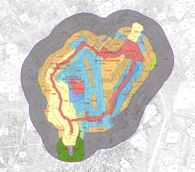 사적 수원화성 규제범위가 해제된다. 회색으로 칠해진 부분이 해제구역.