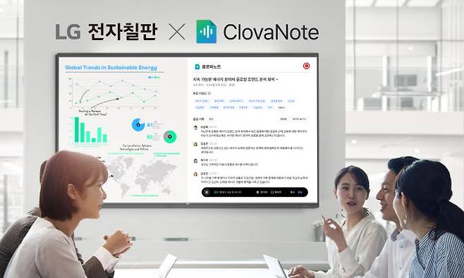 LG전자가 네이버클라우드와 협업해 LG 전자칠판과 네이버웍스 클로바노트를 구독으로 함께 제공해 스마트 오피스 시장 공략에 나선다. 사진은 LG 전자칠판과 네이버웍스 클로바노트를 활용해 회의를 진행하고 있는 모습.(사진=LG전자)