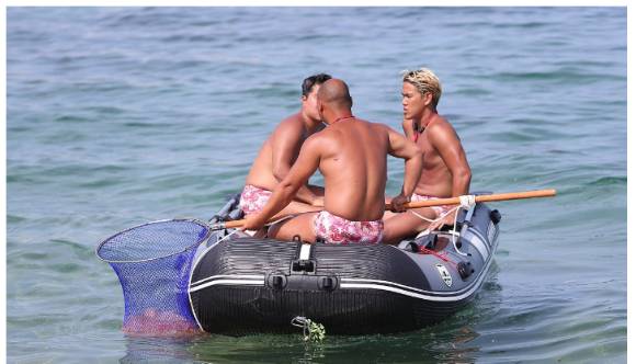 지난해 7월 수상 안전요원들이 강원 속초해수욕장 일대에서 해파리 포획 작업을 하고 있다. [사진=연합뉴스]