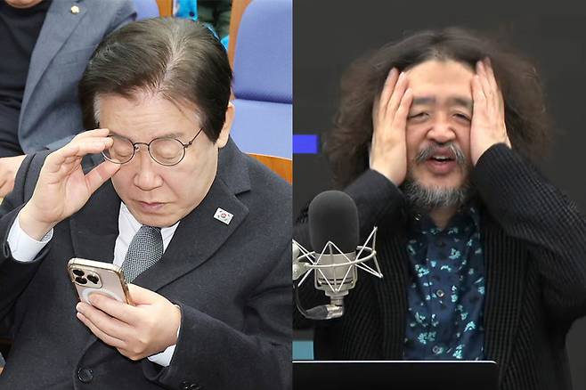 더불어민주당 이재명 대표가 지난 19일 국회에서 열린 비상의원총회에 입장해 휴대폰을 살펴보고 있다. 오른쪽은 방송인 김어준씨가 라이브방송에서 여론조사 결과를 분석하며 얼굴을 쓸어내리는 모습.&nbsp;연합뉴스‧김씨 유튜브 채널 캡처