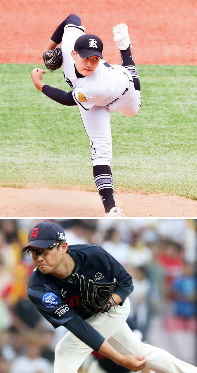 광주일고 시절 힘껏 투구하고 있는 롯데 김태현. 김태현은 팀 선배 박세웅(아래 사진)의 슬라이더를 배우고 싶다고 말했다. 롯데 자이언츠 제공·연합뉴스