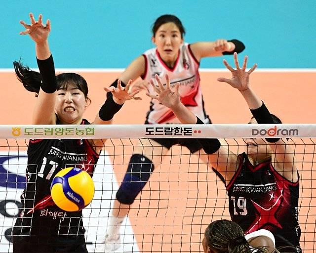 상대 공격을 가로막고 있는 정관장 정호영(왼쪽). 한국배구연맹(KOVO) 제공