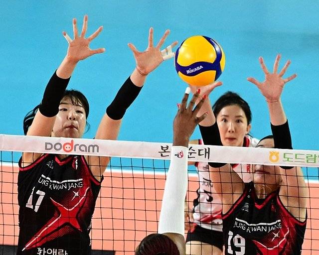 상대 공격을 가로막고 있는 정관장 정호영(왼쪽). 한국배구연맹(KOVO) 제공