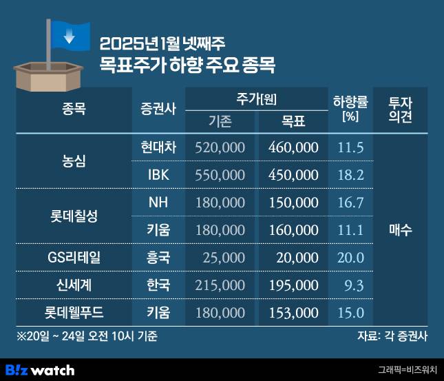 2025년 1월 넷째주 목표주가 하향 주요 목록/그래픽=비즈워치