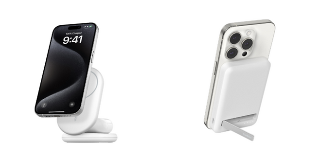 (왼쪽부터)벨킨 2-in-1 Qi2 15W 마그네틱 폴더블 고속 무선 충전 스탠드, 벨킨 Qi2 15W 5000mAh 마그네틱 무선 고속 충전 보조배터리