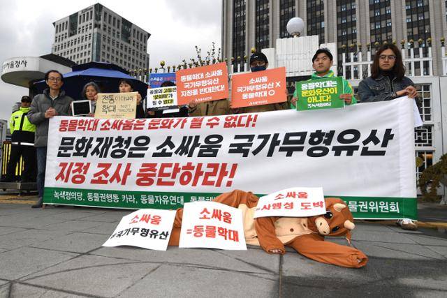 동물권행동 카라·동물자유연대·동물해방물결·채식평화연대 회원들과 녹색당 동물권위원회·녹색정의당 관계자들이 지난해 3월 12일 정부서울청사 정문 앞에서 소싸움 국가무형문화재 지정 조사 중단을 요구하는 기자회견을 연 가운데 소 인형탈을 쓴 집회 참가자에게 손피켓을 붙이는 퍼포먼스를 하고 있다. 문화재청은 지난 1월 26일 '2024년도 국가무형유산 지정(인정) 조사 계획'을 공개하며 신규 종목에 소싸움을 포함했다가 동물단체와 시민들의 반대로 검토를 보류하고 학술조사를 진행키로 했다. 한국일보 자료사진