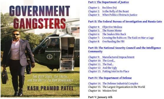 대표적인 '트럼프 충성파'인 캐시 파텔 FBI 국장 후보자가 2023년에 쓴 책(사진 왼쪽)과 책의 목차/Amazon