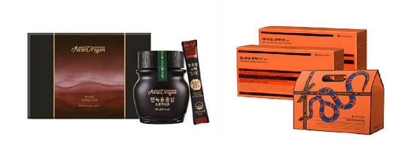 (왼쪽부터) 유한양행의 건강기능식품 '뉴오리진 전녹용홍삼 스틱'과 대웅제약의 '에너씨슬 퍼펙트샷 이뮨+'. [사진=유한양행·대웅제약 제공]