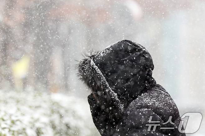 설 명절 연휴 사흘째이자 대설주의보가 발효된 27일 오후 서울 영등포구청 인근 도로에서 시민이 눈을 맞으며 발걸음을 재촉하고 있다.  2025.1.27/뉴스1 ⓒ News1 황기선 기자