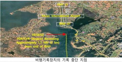 사고기 블랙박스 기록 중단 당시 기체 추정 위치. 연합뉴스