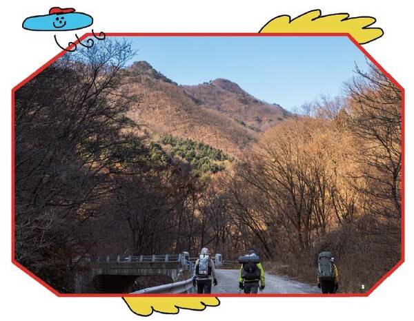 지장산마을주차장에서 지장산으로 올라가고 있다. 잘루맥이고개까지 널찍한 임도가 나 있다.