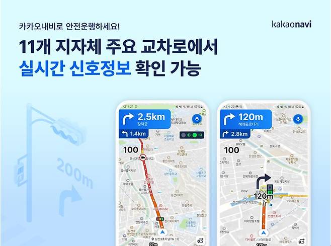 카카오내비의 실시간 신호정보 확인 기능. 카카오모빌리티 제공