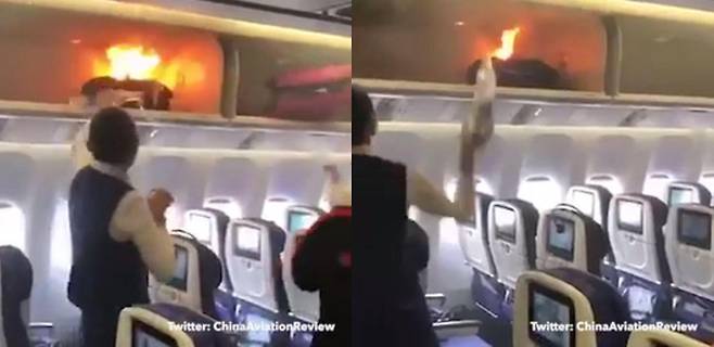 2018년 중국남방항공 기내에서 보조배터리에 붙은 불을 승무원들이 끄는 장면. 출처: ChinaAviationReview 트위터