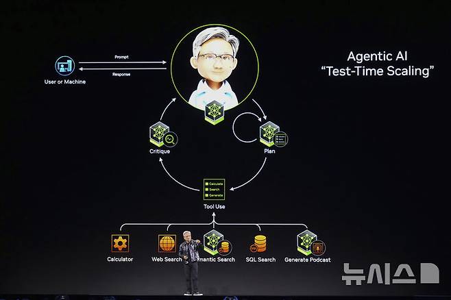 [라스베이거스=AP/뉴시스] 젠슨 황 엔비디아 최고경영자(CEO)가 6일(현지시각) 미 네바다주 라스베이거스에서 세계 최대 전자·IT 박람회 'CES 2025' 개막을 하루 앞두고 열린 엔비디아 콘퍼런스에서 연설하고 있다. 황 CEO는 이 자리에서 엔비디아의 차세대 그래픽처리장치(GPU) 지포스 'RTX 50' 시리즈를 공개했다. 2025.01.07.