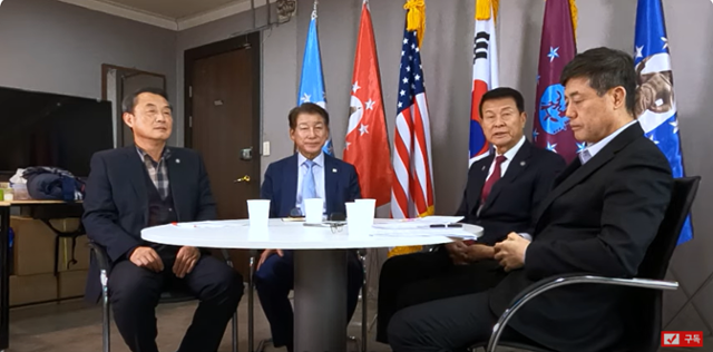 김정수(오른쪽 끝) 한국국방연구원 원장이 국방포럼 사무총장을 맡았던 2023년 12월 유튜브 채널 '장군의 소리'에 출연한 모습. '장군의 소리' 유튜브 캡처