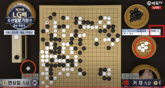 지난 23일 열린 LG배 결승 3국 커제의 반칙 장면. 사석 통에 백돌 5개가 있는데 AI 승률 그래프에는 흑이 따낸 돌이 6개로 돼 있다. 커제가 백돌 1개를 사석 통에 안 넣고 초시계(사진 왼쪽)에 두어서다. AI 승률 그래프를 다시 보면 변상일의 백이 16.3집 앞선다고 나온다. 이 일방적인 바둑을 커제가 재대국을 해야 한다고 주장하고 있다. 바둑TV 유튜브 화면 캡처