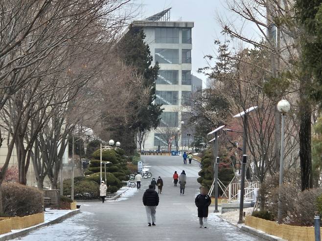 서울 동대문구 서울시립대학교 시대 융합관 앞에서 중앙도서관으로 향하는 길목./사진=박진호 기자