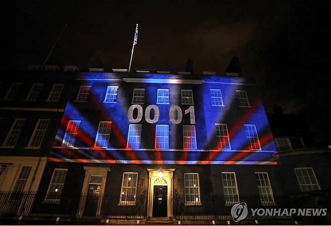 2020년 1월 31일 다우닝가 10번지의 카운트다운 조명 [AP 연합뉴스 자료사진 재판매 및 DB 금지]