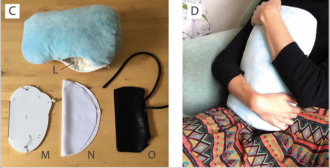 연구에서 실제로 사용된 숨 쉬는 쿠션. 겉은 포근한 재질의 천으로 만들었고 내부에는 호흡하는 것처럼 느껴지는 동력 장치가 들어 있다. 사진 출처 PLOS ONE