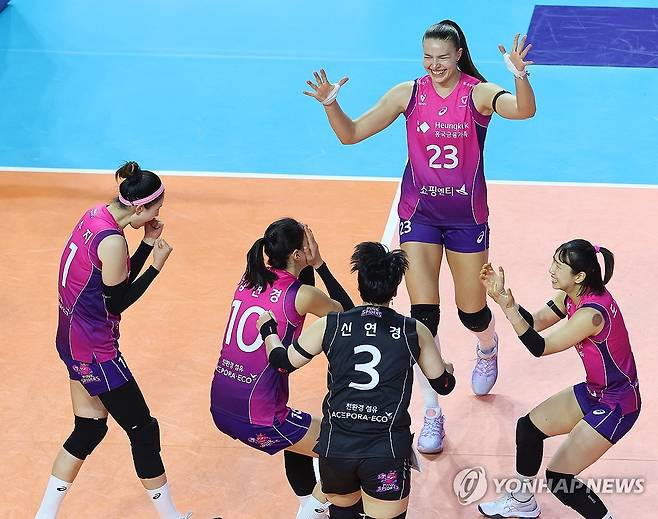 환호하는 흥국생명 선수들 (인천=연합뉴스) 임순석 기자 = 2일 인천 삼산월드체육관에서 열린 프로배구 V리그 여자부 흥국생명과 정관장의 경기. 세트스코어 3-1로 승리한 흥국생명 선수들이 기뻐하고 있다. 2025.2.2 soonseok02@yna.co.kr