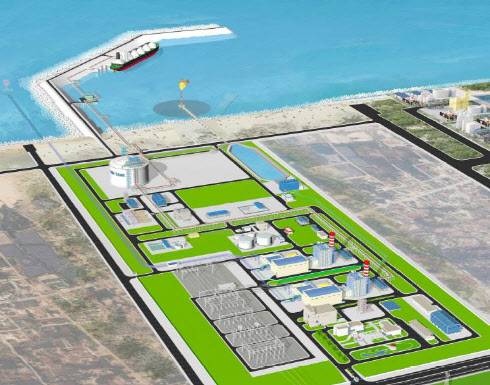 한국남부발전이 베트남 중부 꽝찌성 동남경제특구에서 한국가스공사·한화에너지와 함께 진행 중인 하이랑 가스 발전 사업 조감도. 아래 내륙 쪽에 가스복합화력발전소 2기, 위쪽 해안에 발전소 연료인 액화천연가스(LNG)선 전용 항구와 LNG 터미널이 보인다. (사진=남부발전)