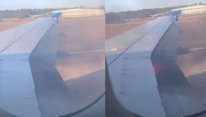 미국 유나이티드항공 여객기 날개 아래 엔진에서 불꽃과 연기가 피어오르고 있다. /FOX26 유튜브